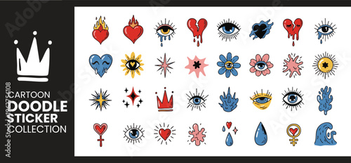 Cartoon Doodle Sticker Collection with Retro Tattoo Style Hearts Eyes and Magic Symbols