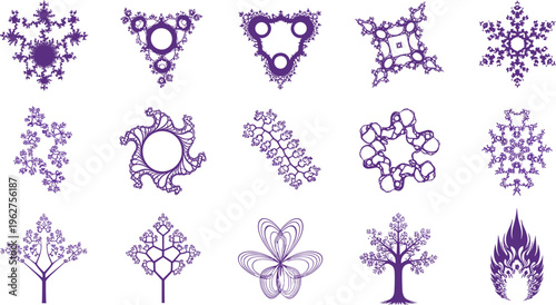 Fractal and Floral Design Set Featuring Snowflakes, Trees, Flowers, and Abstract Shapes in Purple for Artistic, Nature, and Pattern Designs