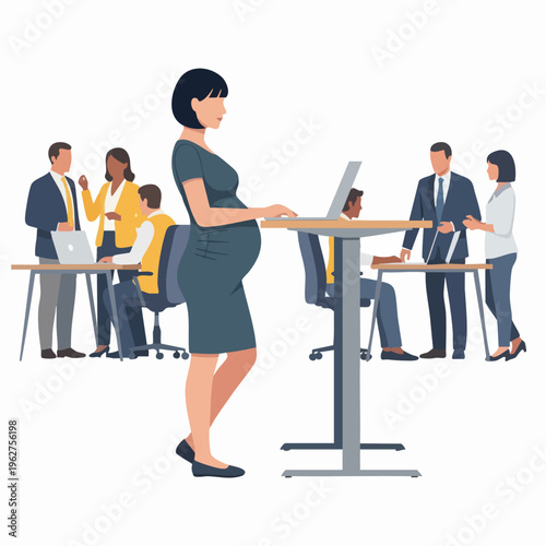 Pregnant woman working at standing desk in modern office environment.