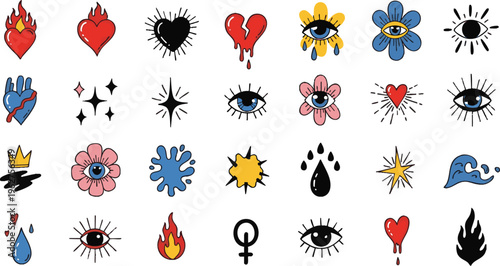 Hand Drawn Retro Tattoo Doodle Icon Set with Colorful Hearts Eyes Flowers and Fire