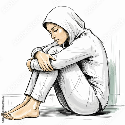 Sad Young Woman Sitting Alone in a Hoodie.