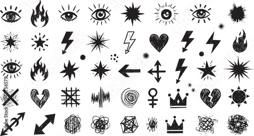 Hand Drawn Grunge Punk Doodle Icon Set with Eyes Lightning Bolts Stars and Edgy Ink Symbols