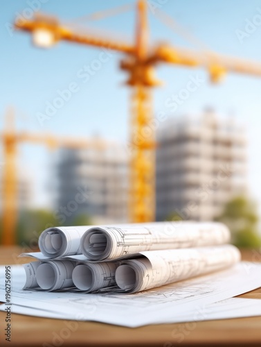 Wallpaper Mural Construction blueprints on-site with cranes and buildings depicting architecture, engineering, and urban development Torontodigital.ca