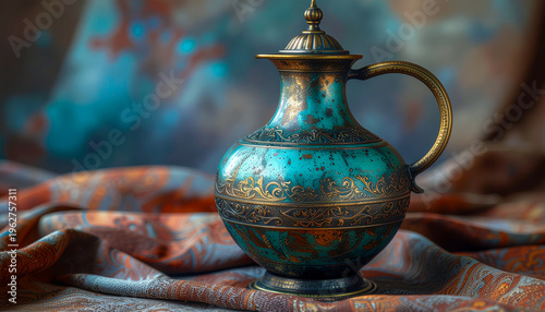Couture Antique Still Life Featuring an Oxidized Brass Lota and Rich Fabric Patina