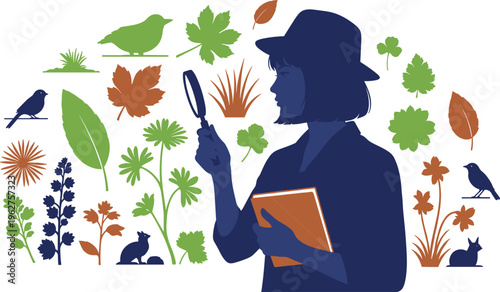 Botanist Researching Plants Illustration with Field Scientist Observing Flora Leaves Birds and Wildlife Biodiversity Study Concept for Ecology Education Nature Research and Vector Designs