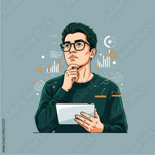Young man with glasses holding tablet and thinking.