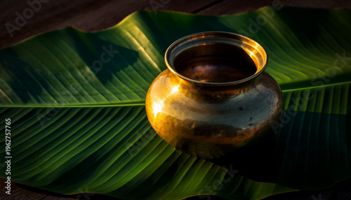 Detailed 4K Culinary Shot of Traditional Brass Cookware with Realistic Leaf Texture