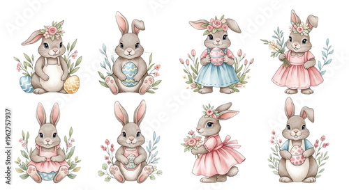 Watercolor Easter Bunny Characters with Eggs and Floral Elements Cute Spring Clipart Set
