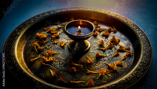 Detailed 4K Heritage Shot of Devotional Brass Plate with Marigold Petals and Diya Glow