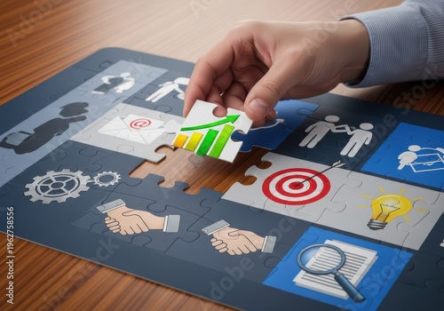 Hand placing a puzzle piece with a growing graph into a business strategy board with icons