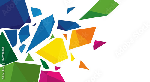Explosion of colorful geometric shapes on a white background