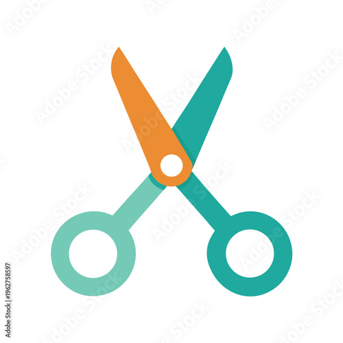 Scissors with orange and teal handles for cutting paper and fabric for craft and office use