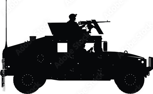 Military armored vehicle silhouette with armed soldier on turret, army combat transport, tactical defense forces, security operations isolated on background