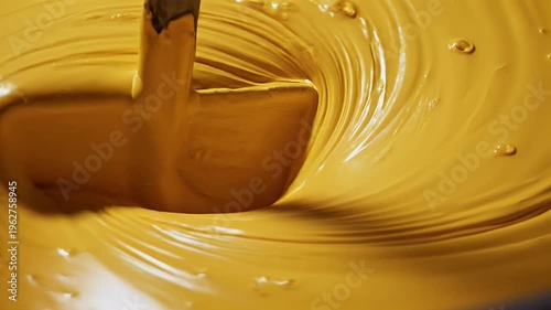 Thick, golden liquid swirls dynamically around a tool, creating ripples and bubbles