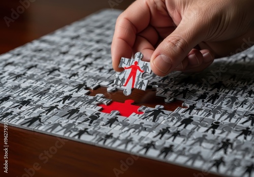 A hand places a jigsaw puzzle piece featuring a red silhouette of a person into a gap within a larger puzzle of many grey silhouettes