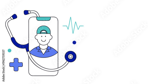 Vector illustration of online doctor with stethoscope and heart