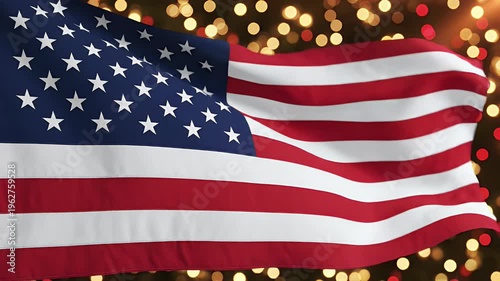 Rippling national flag with blurred festive lights in background