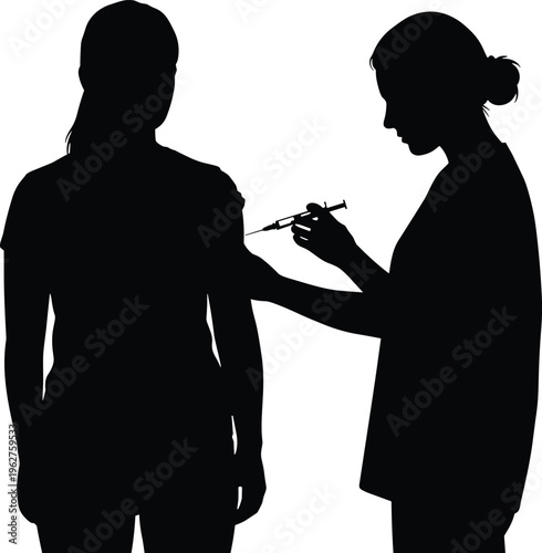 nurse giving injection silhouette, vaccination healthcare concept, medical syringe illustration, patient immunization process, clinic treatment scene, black white vector health design