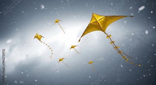 Golden Kites Soaring in a Snowy Sky.