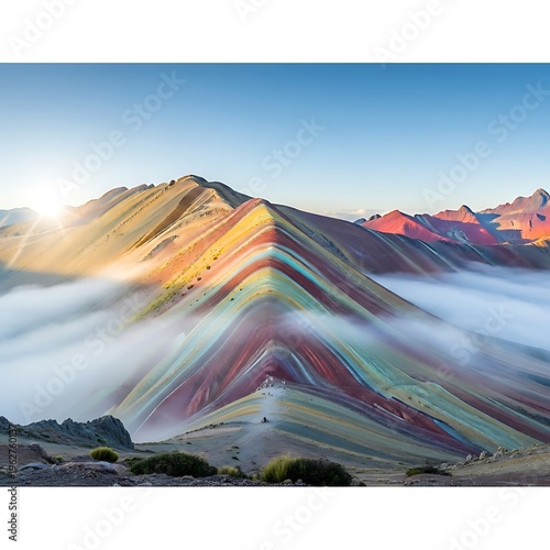 Stunning sunrise over the colorful Vinicunca Rainbow Mountain in Peru.