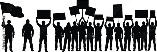 protest crowd silhouettes, people holding banners and flags together, demonstration concept, activism movement, political rally, social protest illustration collection