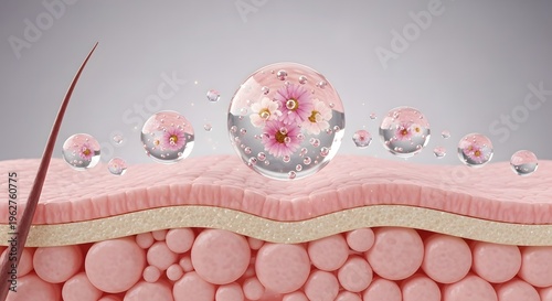 A close up view of human skin layers showing a single hair follicle and multiple transparent moisture bubbles containing delicate pink flowers floating above the surface of the soft dermis