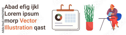 Business strategy, time management, workspace design, remote work, productivity, organization. Desk with a person working, calendar and plant. Time management and business strategy ideas