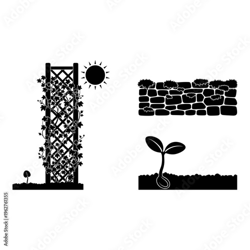 Garden, trellis, plant, and stone wall silhouettes, black icons set