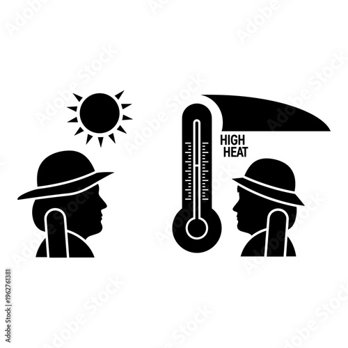 Heat wave icons, high temperature symbols, sun and thermometer graphics, heat stress illustrations