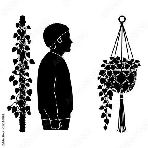 Black silhouette icons, plants and person, hanging basket, indoor gardening, minimalist style
