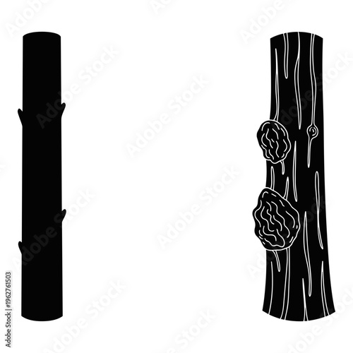 Tree trunk icons, black silhouette, wooden texture, tree bark, vector graphics