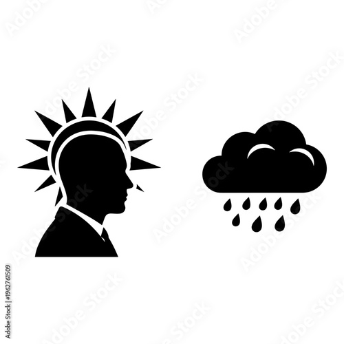 Weather, sunny and rainy icons, business person silhouette, climate symbols, vector graphics