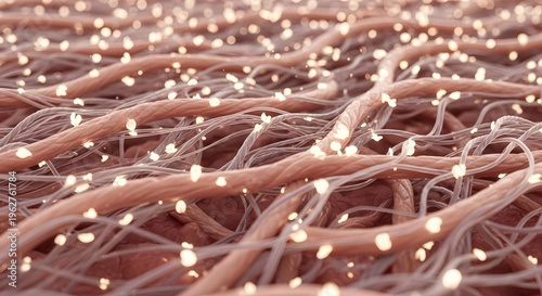 Microscopic view of healthy skin tissue featuring intricate collagen fibers and glowing nutrient particles representing cellular rejuvenation and deep dermal hydration processes within the complex lay