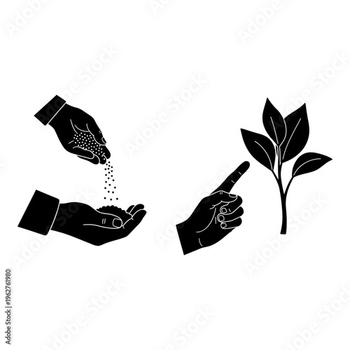 Black silhouette icons of hands planting seeds, gardening, cultivation
