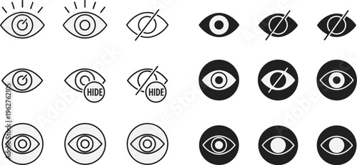 A collection of diverse eye icons including open closed and hidden variations in black high quality