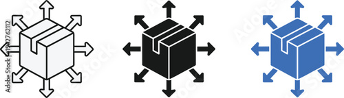 Three variations of a cubic object with arrows indicating outward and inward movement high quality professional