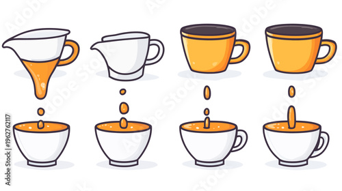 Sequential depiction of beverage pouring into cups and being filled, using orange and white shapes