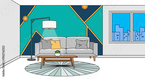 Modern living room interior with contemporary geometric wall design and urban city skyline view illustration