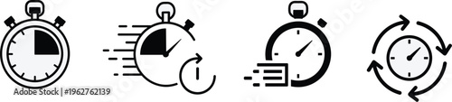 Four black and white stopwatch icons depicting time passing and measurement stages high quality professional detailed