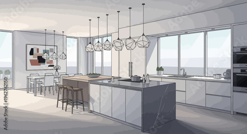 Modern kitchen and dining area with island and natural light