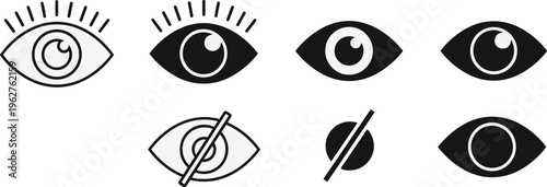A collection of stylized eye icons including open closed and crossed out variations high quality professional