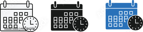 Three calendar icons with clocks showcasing different color variations and styles high quality professional detailed modern
