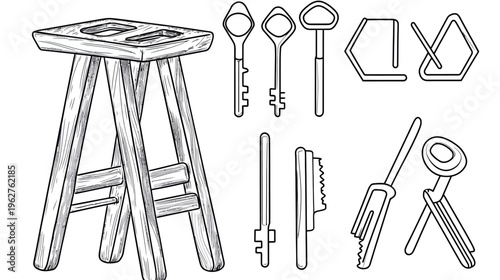 Black and white illustration of a wooden stool and various tools