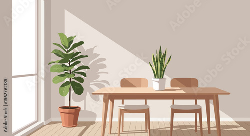 Modern Dining Room Interior with Natural Light and Plants