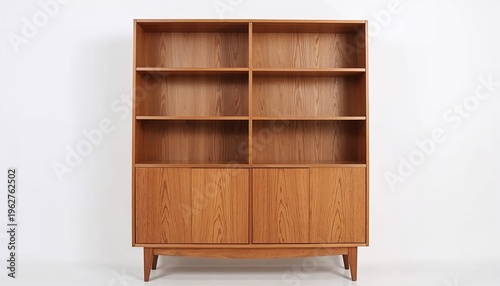 Modern Wooden Bookshelf With Open Shelves and Closed Storage in Simple Design Located in Indoor Space