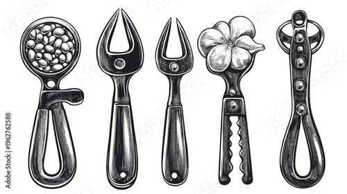 Vintage ink drawing of various kitchen utensils with unique and decorative designs