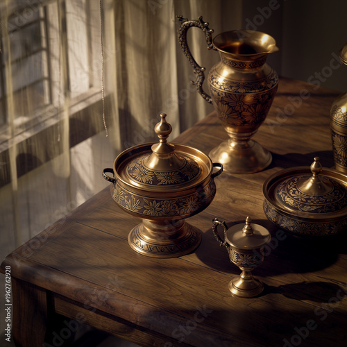 High-Resolution Photography of Antique Brass Tableware in Golden Morning Sunlight