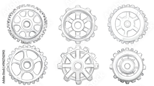 A set of six monochrome illustrations of gears, mechanical components. Various designs. Machinery