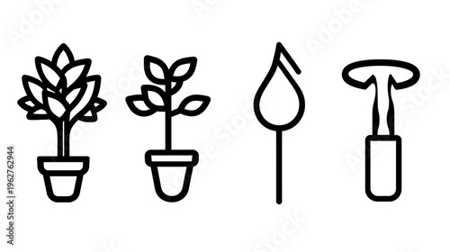 Four black and white icons including two potted plants, a water drop, and a garden tool