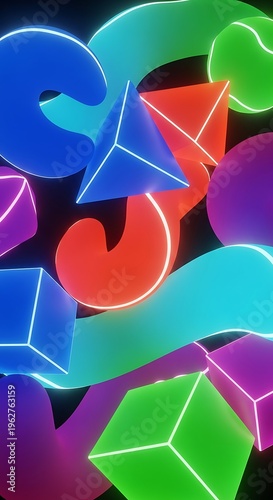 Colorful Glowing Polyhedra and Abstract Shapes on Black Background.